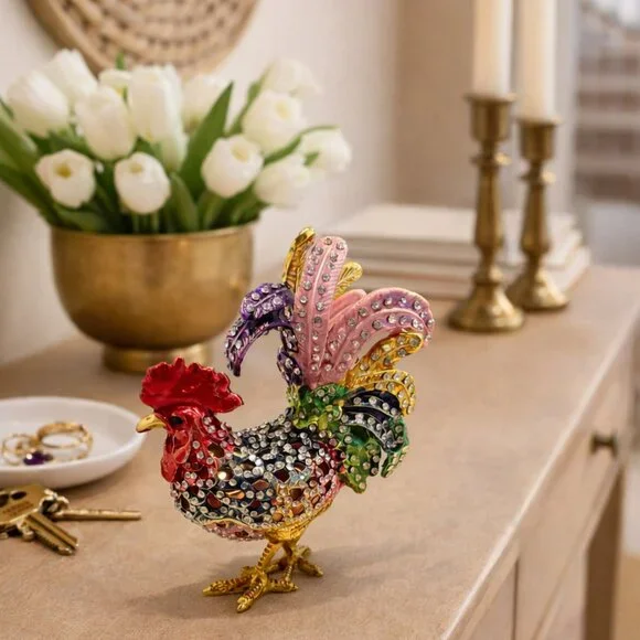 Jeweled Rooster Hinged Trinket Box NIB Enamel Rhinestone Tchotchke Décor 🐓